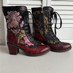 L’artiste Lace-Up Boots with Pink/Red and Gold Embroidery
